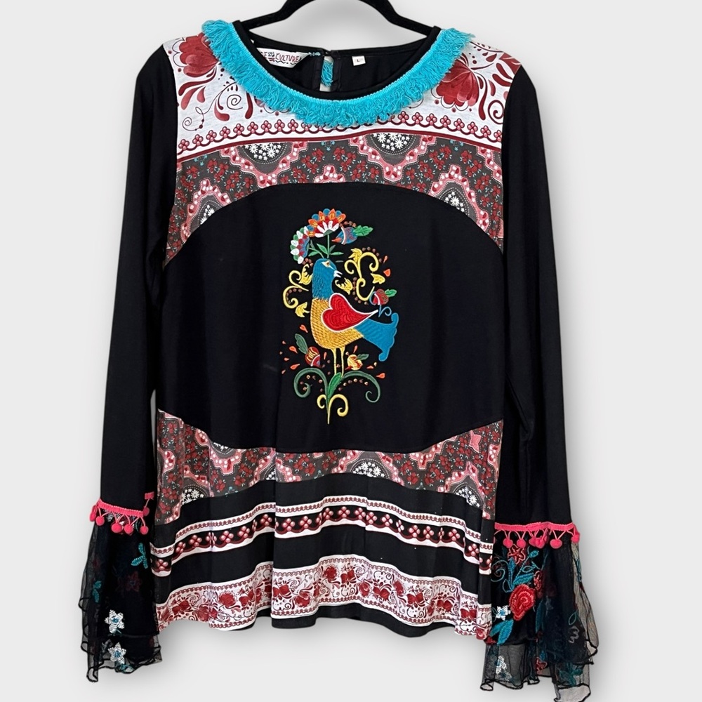 SAVAGE CULTURE colorful boho embroidered detail tunic Top size large floral bird